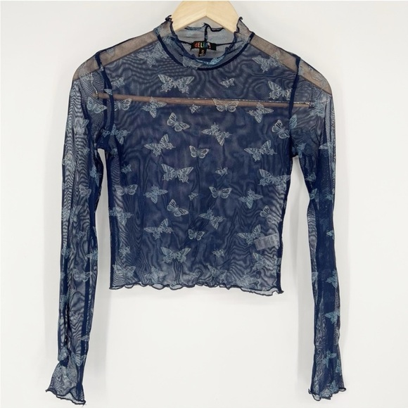 dELia*S Long Sleeve Mesh Blue Butterfly Sparkle Cropped Top Y2K Vintage‎ - Picture 1 of 10